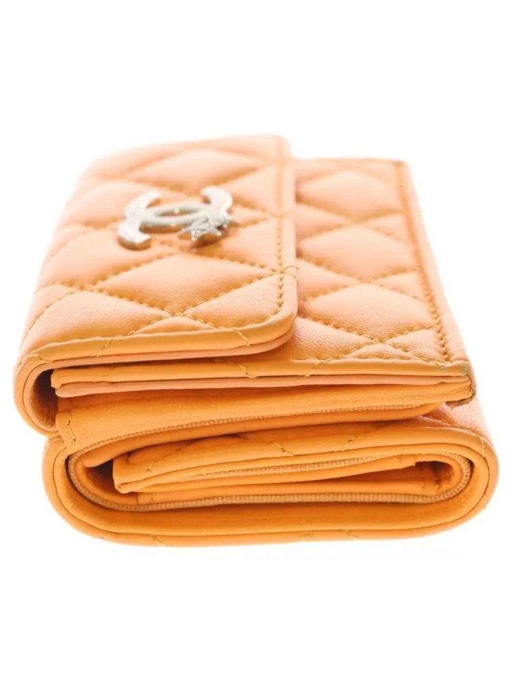 Chanel CC Logo Star Trifold Wallet Compact Coin Case Orange Leather Silver